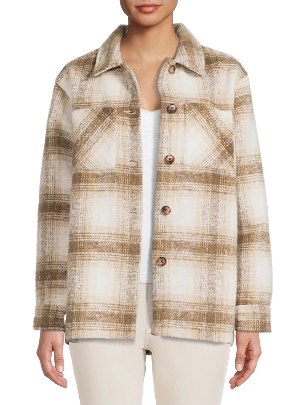 Time and Tru Cream and Brown Plaid Shacket